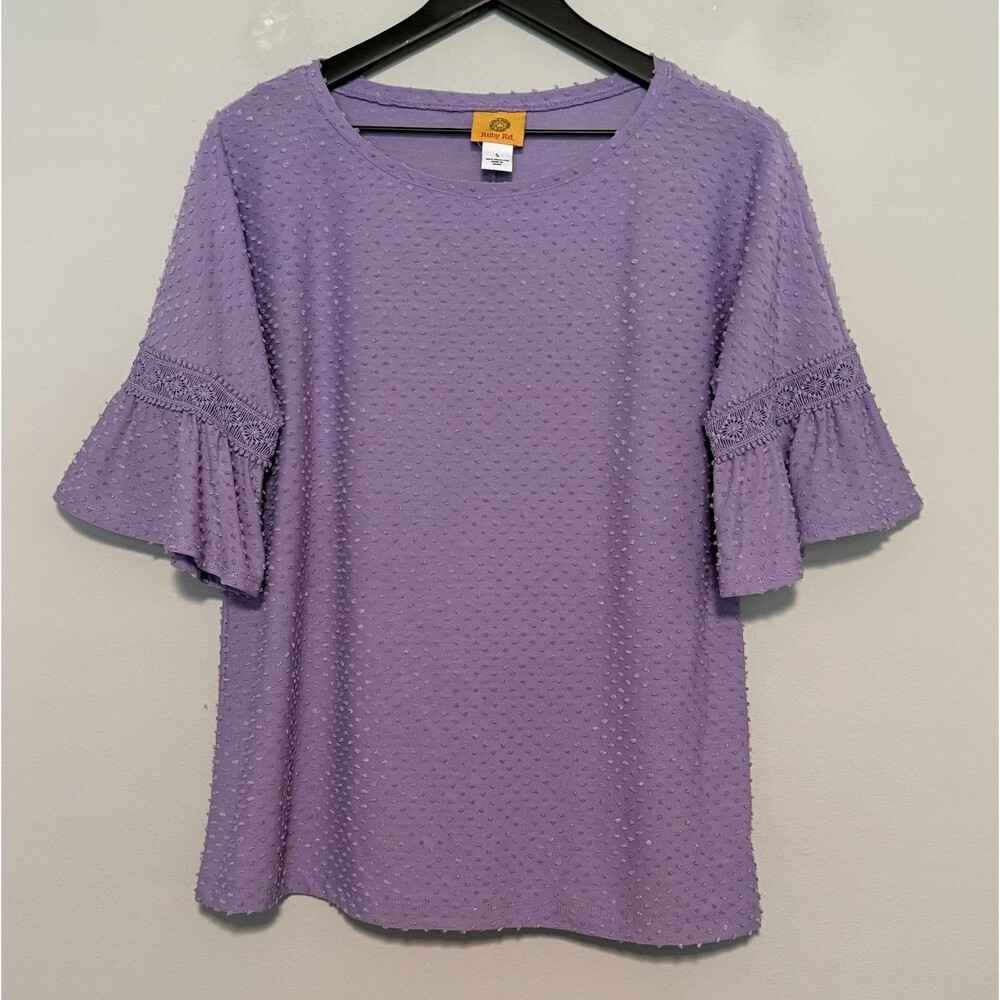 Ruby Rd. Knit Shirt Sz Small Lilac Swiss Dots Crochet Ruffle Sleeve